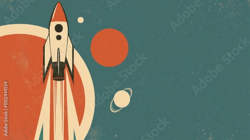 1950s Space Age Retro Poster with Vintage Spacecraft, Orbits, and Copy Space