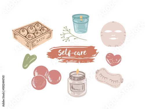 A set of flat style sketches of cosmetics, beauty, self-care, spa elements.  Illustration for beauty salon, cosmetic store, makeup design. Engraved image.