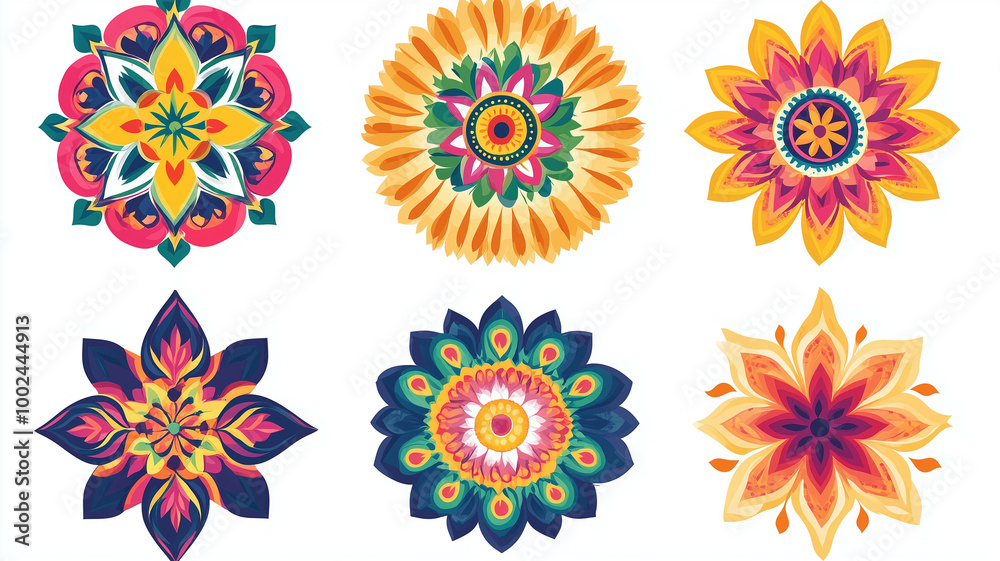 A collection of vibrant Diwali Rangoli designs in clipart style, showcasing traditional patterns and colors, isolated on a clean white background