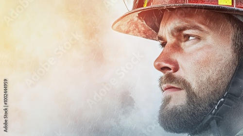 A firefighter with a determined expression, helmet on, looking out at a smoky fire scene.