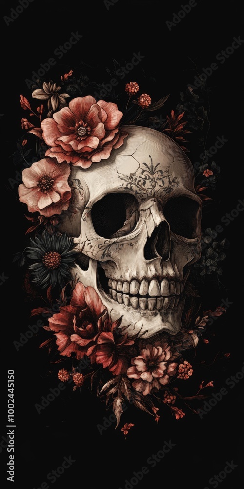 Skull And Flowers on Black Background. Day of the Dead Illustration with Dark Floral Wallpaper Print Skull And Flowers on Black Background. Day of the Dead Illustration with Dark Floral Wallpaper Print