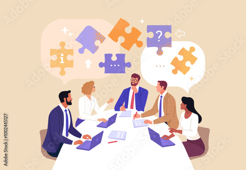 Business Brainstorm concept. Contemporary flat style abstract vector illustration of a group of diverse people at a desk discussing with puzzle pieces above their heads.