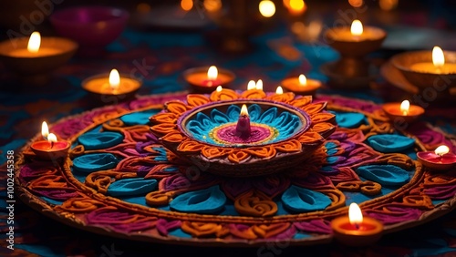 Colorful Rangoli Design Illuminated by Candles During a Festive Celebration at Night