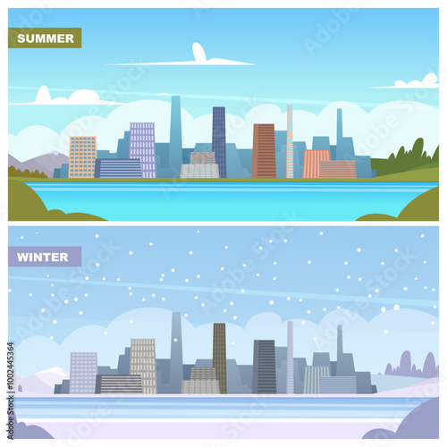 seasons. summer and winter urban background with city landscape. vector seasonal illustrations