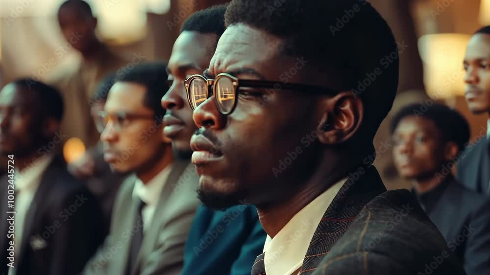 Serious African American man in glasses and suit at formal gathering, civil rights era portrait showcasing determination and leadership, historical reenactment of 1960s activist