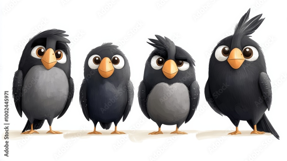 Fototapeta premium Four cartoon birds with grumpy expressions stand in a row. They are all black and have large eyes. The image has a whimsical style.