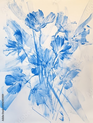 A blue and white painting of flowers