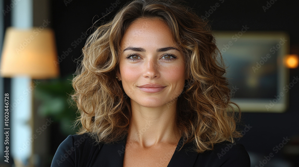 A woman with beautiful curly hair displays confidence and warmth while standing in a chic indoor space, illuminated by natural light