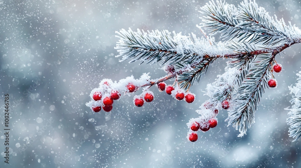 A red-berried pine tree, snowy and foregrounded A red-berried pine tree, snowy and foregrounded