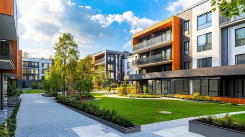 A dynamic shot of a residential building with universal design principles, including step-free access