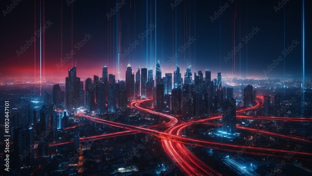 Fototapeta premium A night city surrounded by an abstract gradient blue and red glowing light trail, a smart city utilizing big data technology. 