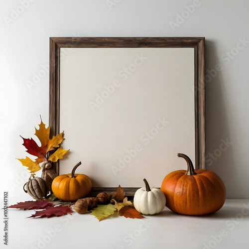 Blank canvas with autumn and thanksgiving concept pumpkin leaves background