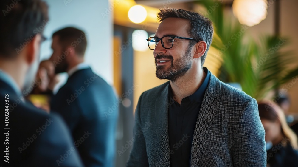 A dynamic shot of an entrepreneur networking at a business event, exchanging ideas with other professionals A dynamic shot of an entrepreneur networking at a business event, exchanging ideas with other professionals