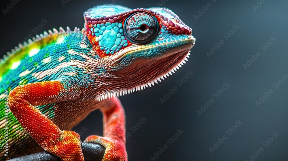   A close-up of a vibrant chameleon perched on a tree limb, tilting its head to one side