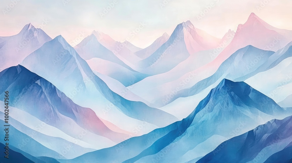 Majestic mountain range depicted in captivating geometric forms, with abstract light-blue and pink hues creating a mesmerizing landscape Majestic mountain range depicted in captivating geometric forms, with abstract light-blue and pink hues creating a mesmerizing landscape