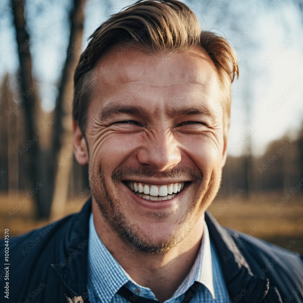 Fototapeta premium A cheerful Finnish man beams with a broad smile in a lush outdoor setting, capturing a moment of happiness and cultural connection amidst nature. Scandinavian Caucasian face type. Generative AI