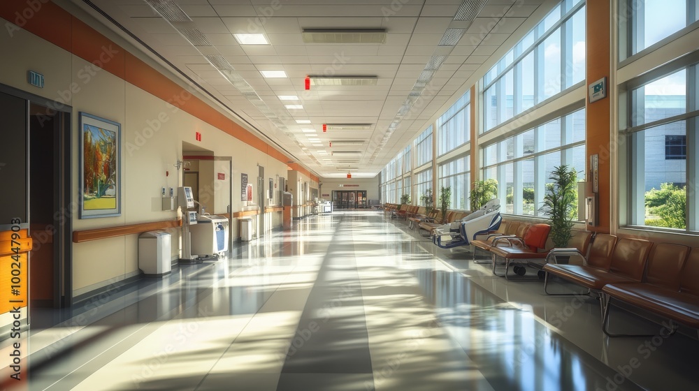 A hospital designed with accessibility in mind, featuring wide corridors, accessible restrooms A hospital designed with accessibility in mind, featuring wide corridors, accessible restrooms