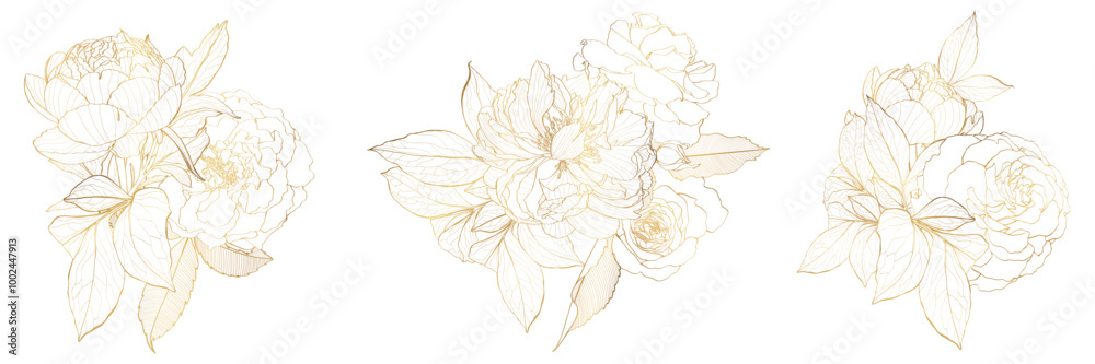 Decorative garden flowers, design elements. Can be used for cards, invitations, banners, posters, print design. Golden floral background in line art style. Peony and roses bouquet.