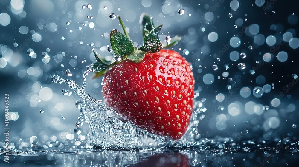   Close-up of strawberry with water splashing and green leaf protruding from top