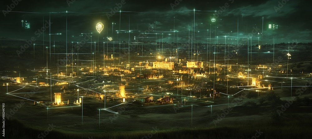 A holographic interactive map of ancient civilizations with floating artifacts and ruins A holographic interactive map of ancient civilizations with floating artifacts and ruins