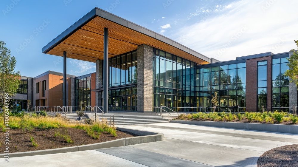 A modern building designed with ramps, wide doorways, and accessible features, ensuring inclusivity for all A modern building designed with ramps, wide doorways, and accessible features, ensuring inclusivity for all