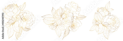 Decorative garden flowers, design elements. Can be used for cards, invitations, banners, posters, print design. Golden floral background in line art style. Peony and roses bouquet.