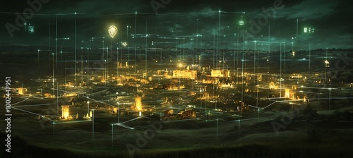 A holographic interactive map of ancient civilizations with floating artifacts and ruins photo