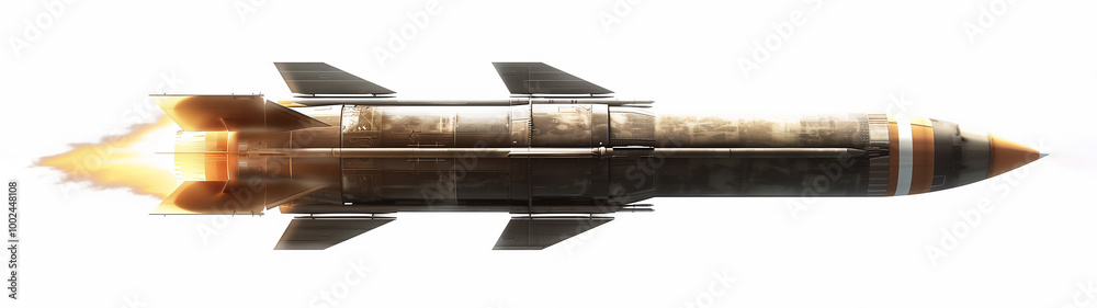 Guided missile rocket which could carry a ballistic tactical nuclear warhead isolated on a white background, military weapon stock illustration image Guided missile rocket which could carry a ballistic tactical nuclear warhead isolated on a white background, military weapon stock illustration image