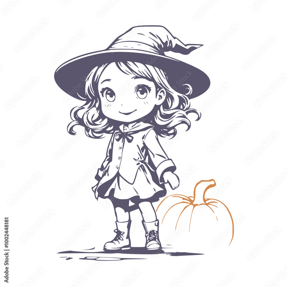 Happy young cute witch girl sketchbook cartoon style portrait. Curly hair and big anime style eyes. Halloween relative smiling character Happy young cute witch girl sketchbook cartoon style portrait. Curly hair and big anime style eyes. Halloween relative smiling character