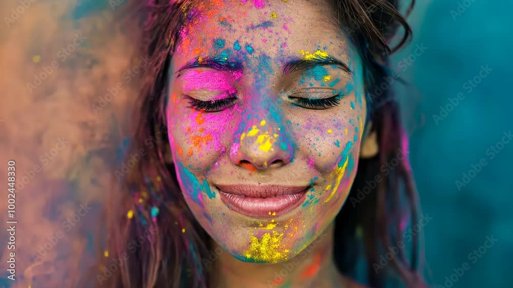 Young woman with colorful powder on face and closed eyes, celebrating Holi festival with pink and yellow paint, cultural event portrait showcasing happiness