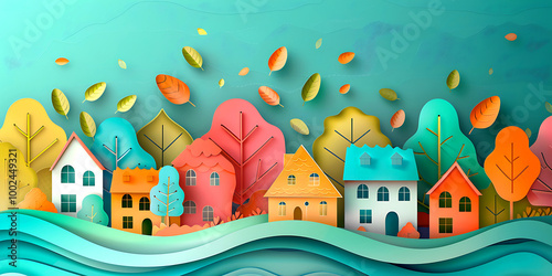 Autumn season in the city, paper cut art.	
