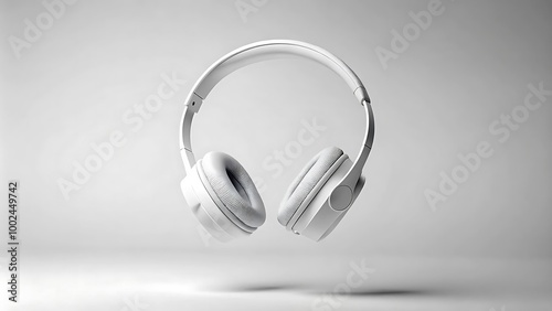 White Headphones Floating in Mid-Air on White Background – Modern Audio Accessory photo