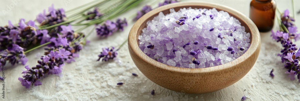 Spa Still Life. Lavandula and Salt Bath Essentials in White Beauty Background Spa Still Life. Lavandula and Salt Bath Essentials in White Beauty Background