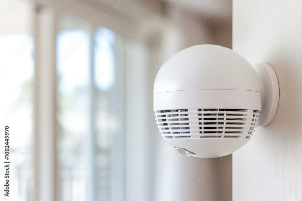Modern white spherical smoke detector on wall in bright room. Modern white spherical smoke detector on wall in bright room.