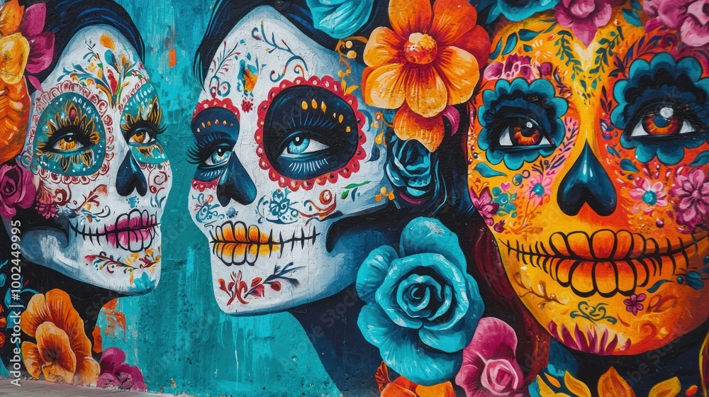 Naklejka premium Close-up of a mural depicting Day of the Dead themes, showcasing vibrant colors and intricate designs