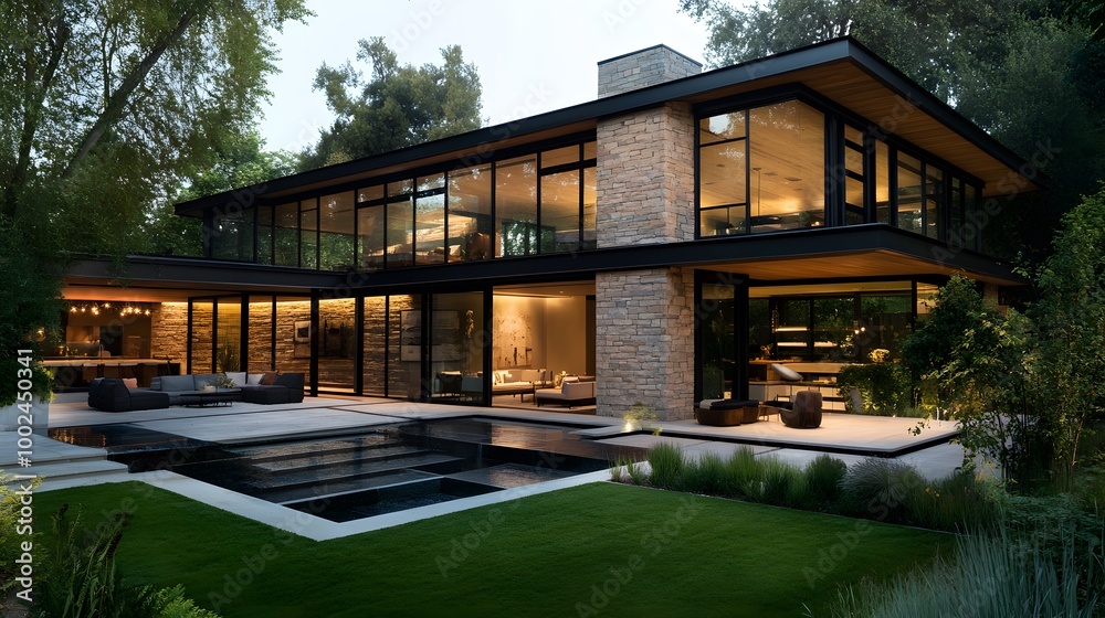 Modern home with a swimming pool and a large patio with patio furniture. Modern home with a swimming pool and a large patio with patio furniture.
