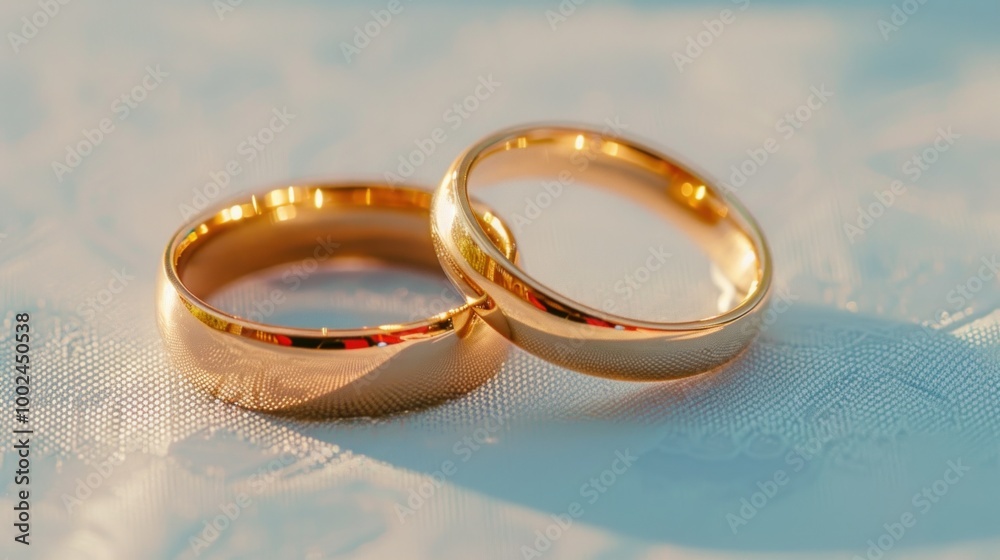 Close-up of two gold wedding rings on white textured surface. Close-up of two gold wedding rings on white textured surface.