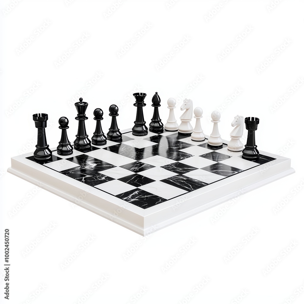 Chess board with pieces, mid-game arrangement, isolated on white background, 3D illustration Chess board with pieces, mid-game arrangement, isolated on white background, 3D illustration
