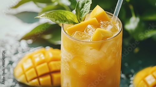 A refreshing glass of mango juice with ice and a sprig of mint. photo