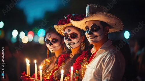 Three women in elaborate Catrina costumes and a man in a white cowboy outfit with skull makeup holding candles at the DÃ­a de los Muertos parade during the Festival de las Ãnimas photo