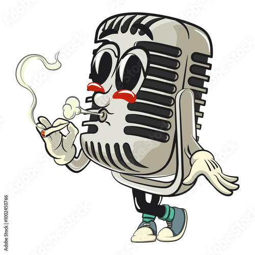 vintage microphone cartoon character mascot retro vector design smoke calmly, work of hand drawn