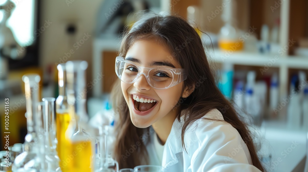 A cheerful scientist in a lab coat smiles enthusiastically in a laboratory filled with colorful liquids and glassware. A cheerful scientist in a lab coat smiles enthusiastically in a laboratory filled with colorful liquids and glassware.