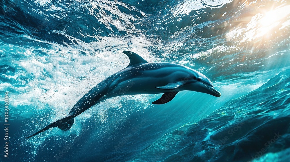 Fototapeta premium Dolphin swimming in ocean with sun on back and head above water
