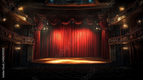 A dramatic theatre stage with a rich red curtain, ready for a captivating performance, illuminated by warm stage lights.