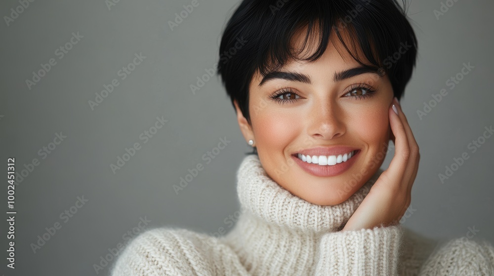 Cheerful Woman in Cozy Sweater with Short Hair Cheerful Woman in Cozy Sweater with Short Hair