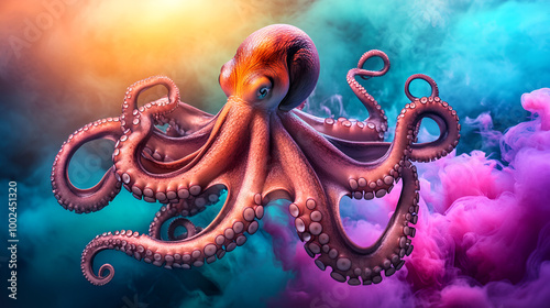 Dramatic octopus emerging from ink cloud with neon spotlight.