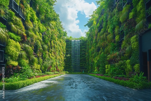 Vertical Garden Courtyard with Waterfall and Lush Green Foliage Under Clear Blue Sky photo