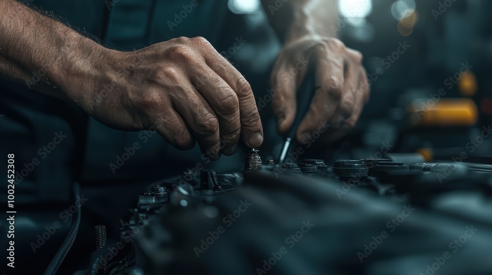 Skilled Mechanic's Hands Working on Engine with Tools and Parts in Background Skilled Mechanic's Hands Working on Engine with Tools and Parts in Background