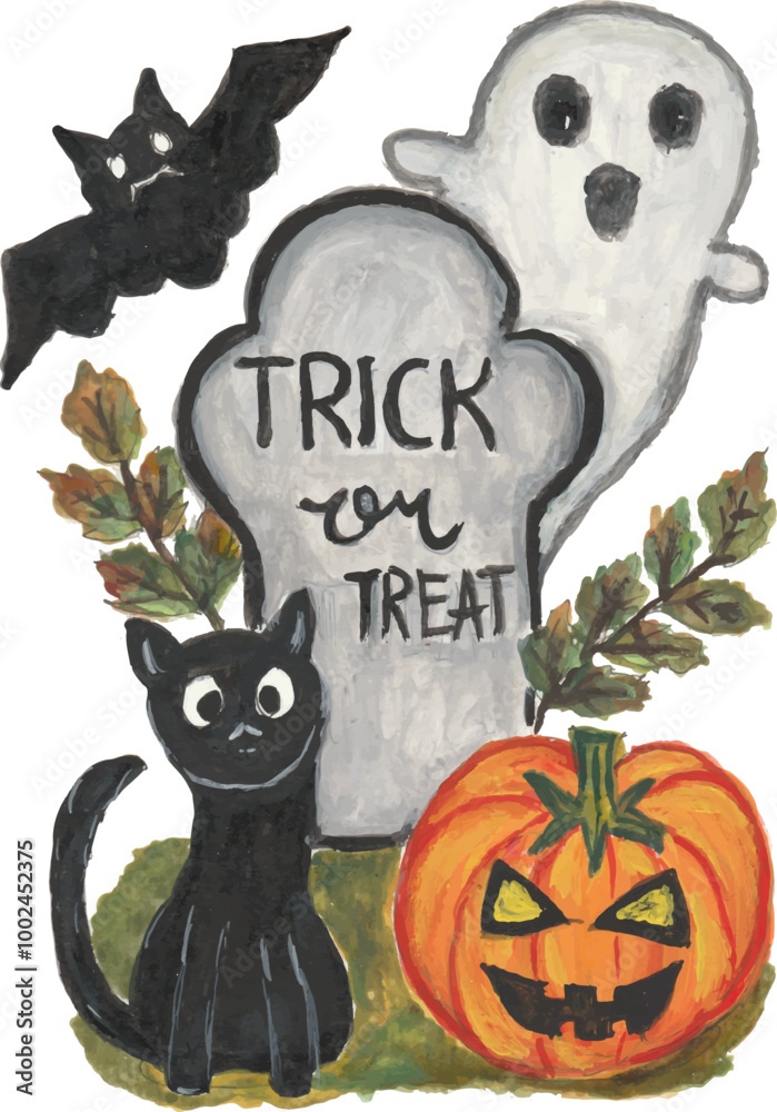 Obraz premium Happy halloween watercolour hand drawn illustration vector clipart