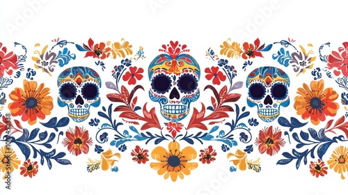 Decorative Day of the Dead border design with papel picado and floral motifs, perfect for invitations or posters